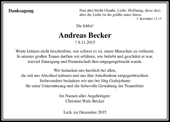 Traueranzeige von Andreas Becker von  Gießener Anzeiger