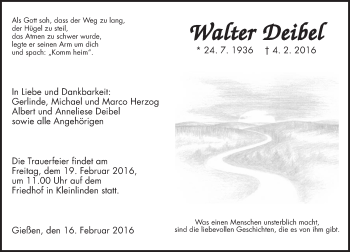 Traueranzeige von Walter Deibel von  Gießener Anzeiger