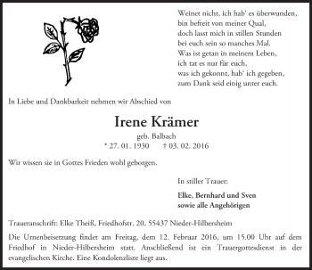 Traueranzeige von Irene Krämer von  Allgemeine  Zeitung Ingelheim-Bingen