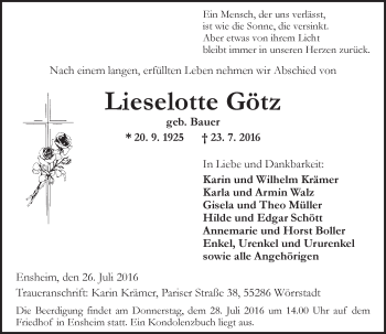 Traueranzeige von Lieselotte Götz von Trauerportal Rhein Main Presse