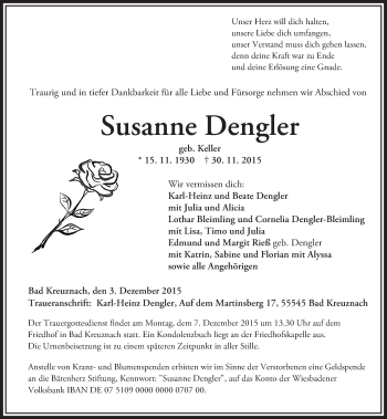 Traueranzeige von Susanne Dengler von  Allg. Zeitung Bad Kreuznach