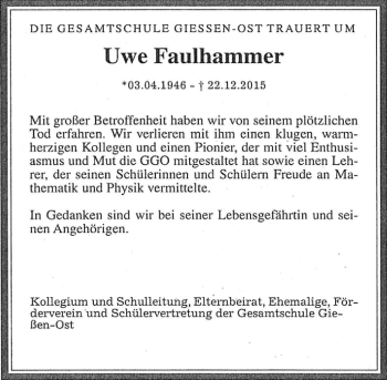 Traueranzeige von Uwe Faulhammer von  Gießener Anzeiger