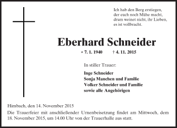 Traueranzeige von Eberhard Schneider von  Kreisanzeiger