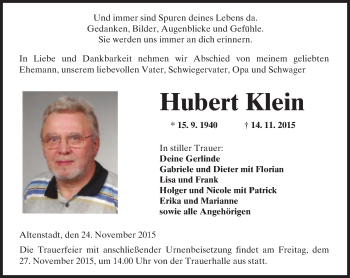 Traueranzeige von Hubert Klein von  Kreisanzeiger