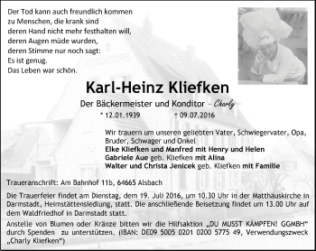 Traueranzeige von Karl-Heinz Kliefken von Trauerportal Echo Online