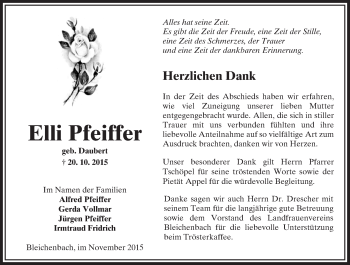 Traueranzeige von Elli Pfeiffer von  Sonntags Anzeiger