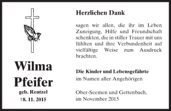 Traueranzeige von Wilma Pfeifer von  Sonntags Anzeiger