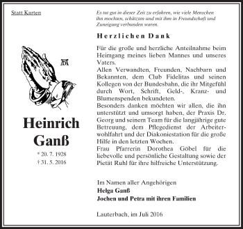 Traueranzeige von Heinrich  Ganß von  OK Oberhessen Kurier
