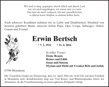 Traueranzeige von Erwin Bertsch von  Wormser Zeitung