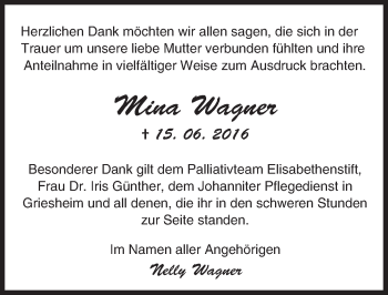 Traueranzeige von Mina Wagner von Trauerportal Echo Online
