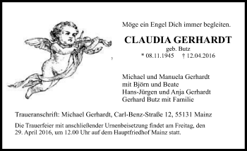 Traueranzeige von Claudia Gerhardt von  Allgemeine Zeitung Mainz