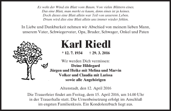 Traueranzeige von Karl Riedl von  Kreisanzeiger