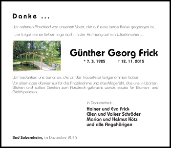 Traueranzeige von Günther Georg Frick von  Allg. Zeitung Bad Kreuznach