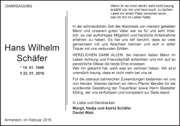Traueranzeige von Hans Wilhelm Schäfer von  Allgemeine Zeitung Alzey