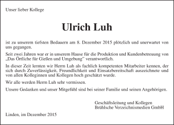 Traueranzeige von Ulrich Luh von  Gießener Anzeiger