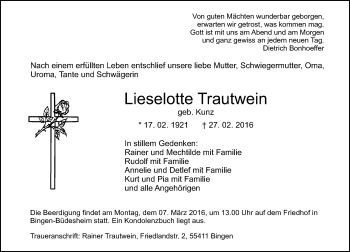 Traueranzeige von Lieselotte Trautwein von  Allgemeine  Zeitung Ingelheim-Bingen