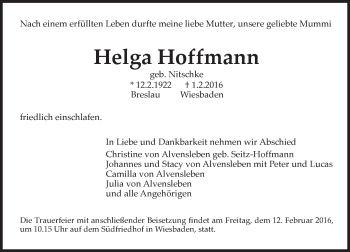 Traueranzeige von Helga Hoffmann von  Wiesbaden komplett