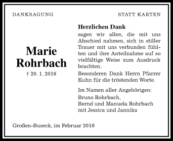 Traueranzeige von Marie Rohrbach von  Gießener Anzeiger
