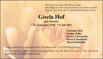 Traueranzeige von Gisela Hof von Trauerportal Rhein Main Presse