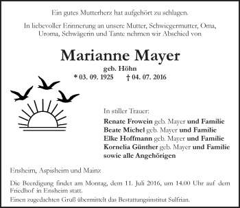 Traueranzeige von Marianne Mayer von Trauerportal Rhein Main Presse