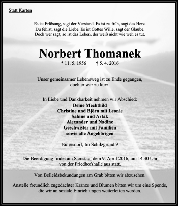 Traueranzeige von Norbert Thomanek von VRM Trauer