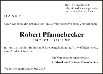 Traueranzeige von Robert Pfannebecker von  Allgemeine Zeitung Alzey