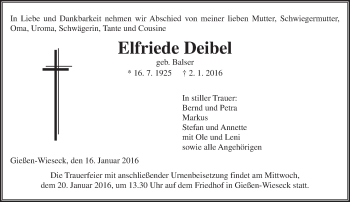 Traueranzeige von Elfriede Deibel von  Gießener Anzeiger
