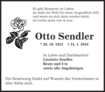 Traueranzeige von Otto Sendler von  Kreisanzeiger