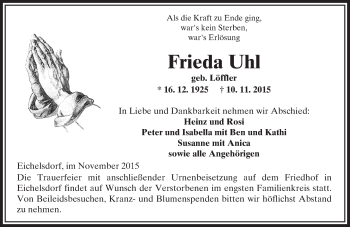 Traueranzeige von Frieda Uhl von  Kreisanzeiger