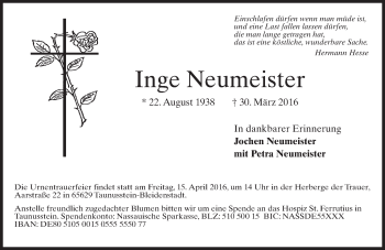 Traueranzeige von Inge Neumeister von  Wiesbaden komplett