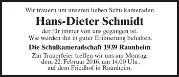 Traueranzeige von Hans-Dieter Schmidt von trauer.rmp.de
