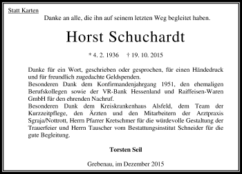 Traueranzeige von Horst Schuchardt von  OK Oberhessen Kurier