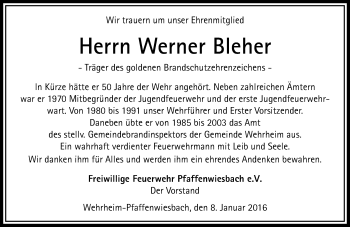 Traueranzeige von Werner Bleher von  Usinger Anzeiger