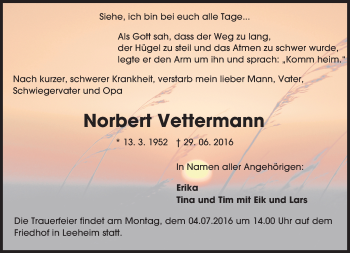 Traueranzeige von Norbert Vettermann von Trauerportal Echo Online