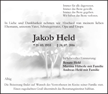 Traueranzeige von Jakob Held von Trauerportal Rhein Main Presse