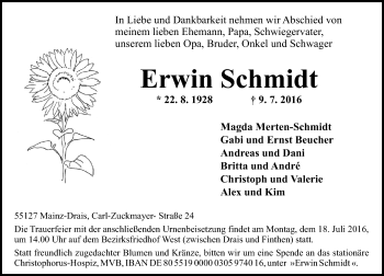 Traueranzeige von Erwin Schmidt von Trauerportal Rhein Main Presse Traueranzeige von Erwin Schmidt von Trauerportal Rhein Main Presse