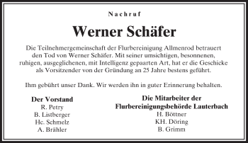 Traueranzeige von Werner Schäfer von VRM Trauer