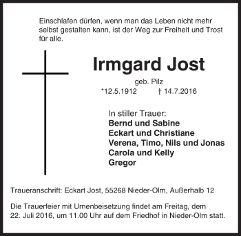 Traueranzeige von Irmgard Jost von Trauerportal Rhein Main Presse