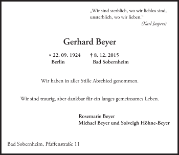 Traueranzeige von Gerhard Beyer von  Allg. Zeitung Bad Kreuznach