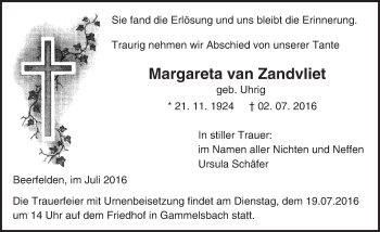 Traueranzeige von Margareta van Zandvliet von Trauerportal Echo Online