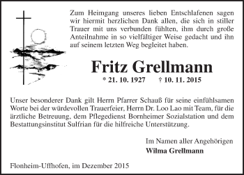 Traueranzeige von Fritz Grellmann von  Allgemeine Zeitung Alzey