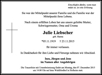 Traueranzeige von Julie Liebscher von  Hofheimer Zeitung