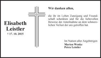 Traueranzeige von Elisabeth Leistler von  Allgemeine Zeitung Mainz
