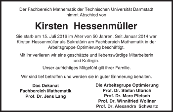 Traueranzeige von Kirsten Hessenmüller von Trauerportal Echo Online