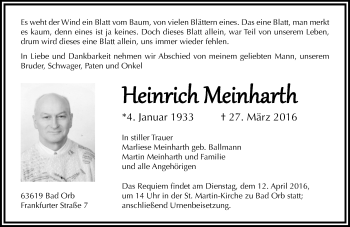 Traueranzeige von Heinrich Meinharth von  Gelnhäuser Tageblatt