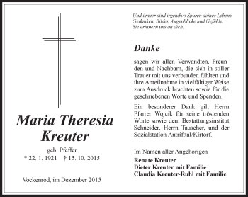 Traueranzeige von Maria Theresia Kreuter von VRM Trauer