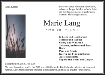 Traueranzeige von Marie Lang von VRM Trauer