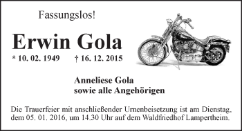 Traueranzeige von Erwin Gola von  Bürstädter Zeitung