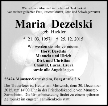 Traueranzeige von Maria Dezelski von  Allgemeine  Zeitung Ingelheim-Bingen