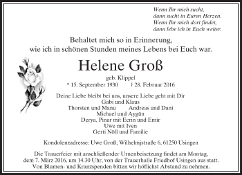 Traueranzeige von Helene Groß von  Usinger Anzeiger